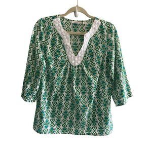 John Paul Richard Green White Swiss Dot Blouse Top Women’s Size Medium Pullover